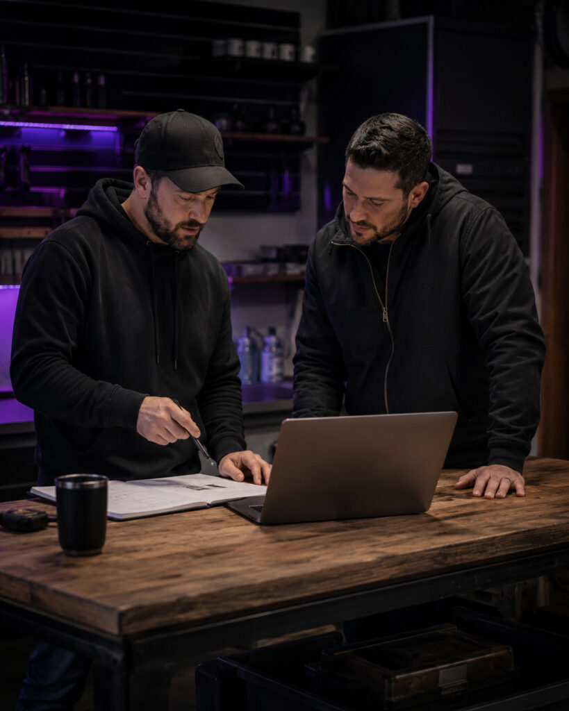 Consultation stratégique NEXOVOX avec un entrepreneur local dans un atelier pour améliorer son site web et sa visibilité en ligne.