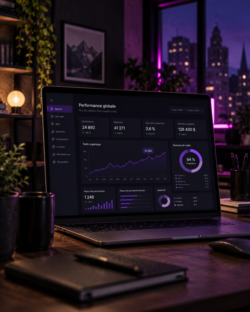 Tableau de bord de performance web, SEO et analytics pour une stratégie numérique à Gatineau